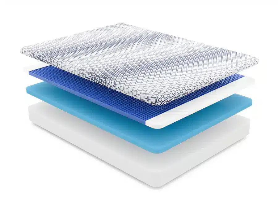 A graphic illustrating the layered structure of the Diamind Gel Grid Float 10" Medium Foam Mattress. From top to bottom: a patterned cover, a blue gel grid layer, a white foam layer, another blue layer, and a white base foam layer. Each layer features distinct textures and materials.