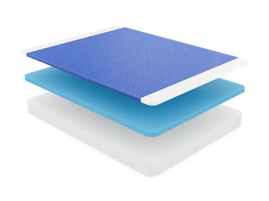Cross-sectional view of a Diamind Gel Grid Float 10" Medium Foam Mattress featuring a three-layer design: a top white layer with blue gel grid, a middle blue foam layer, and a bottom white foam layer, all presented in an illustrative floating style.