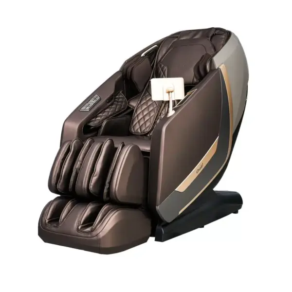 The Osaki OP-Kairos 4D LT is a luxurious massage chair in a sophisticated brown color, featuring quilted padding and a sleek design. It offers multiple padded zones and an easy-to-use control panel for adjustable settings, elegantly accented with gold highlights.