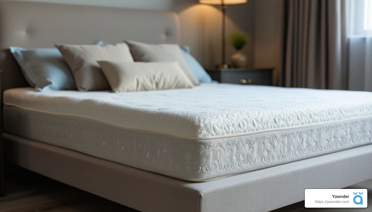 A neatly made bed with a white, textured mattress and several pillows in shades of gray and white. The room has a modern aesthetic with a nightstand, a lamp, and a window draped with curtains in the background.