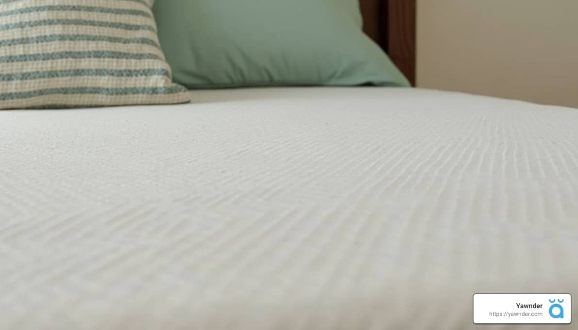 Close-up view of a bed with a white textured blanket, adjacent to a headboard, and two pillows in striped and solid colors placed at the head. A "Yawnder" watermark is visible in the bottom corner.