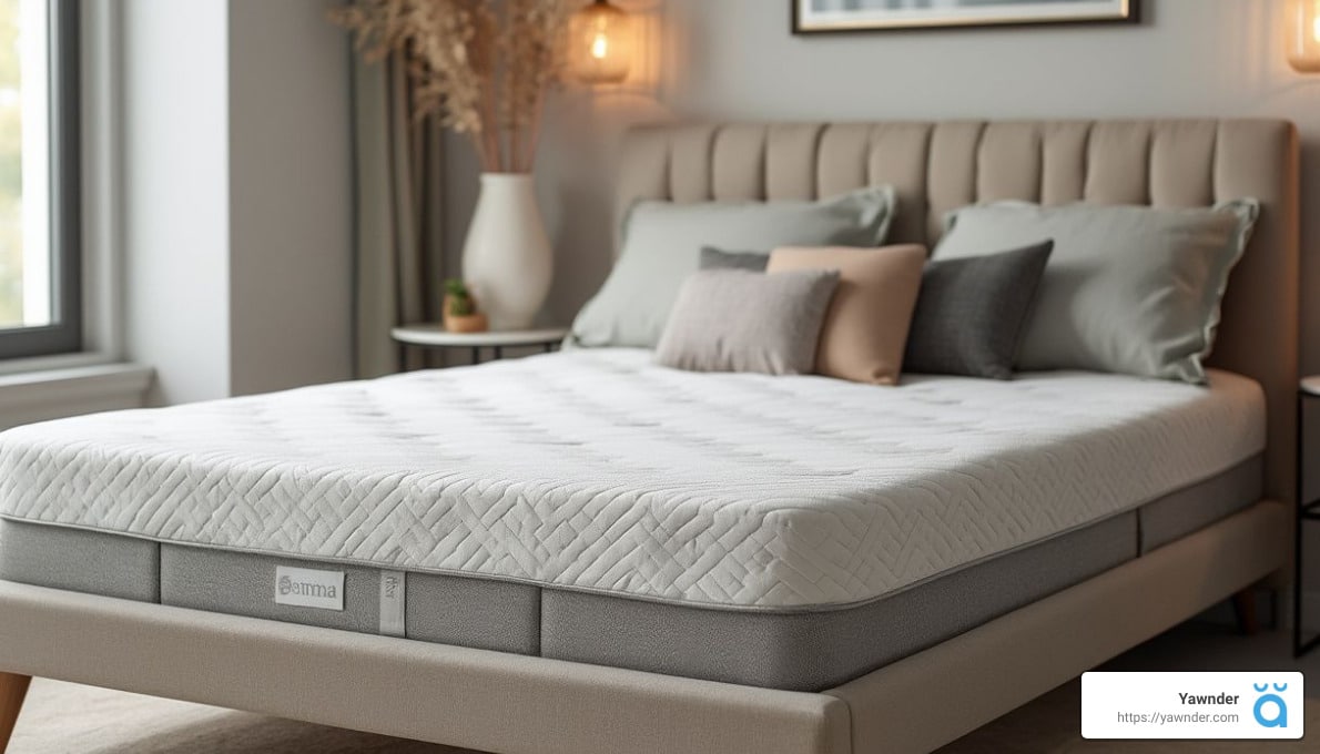 A modern bedroom features a beige tufted headboard bed with a white and gray mattress. The bed is flanked by a round wooden nightstand with a plant. Light gray and brown pillows add a cozy touch. A soft natural light fills the room.