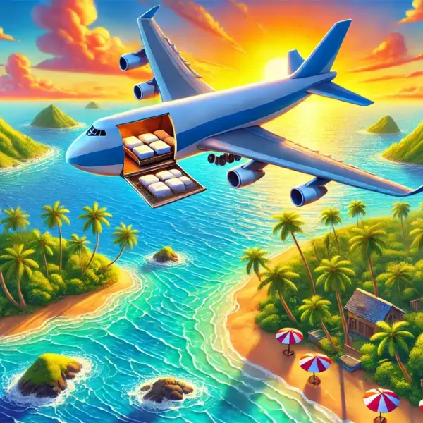 Illustration of an airplane flying over tropical islands at sunset. The airplane has an open cargo door revealing large gift boxes. Below are lush green islands with palm trees and beach huts, surrounded by turquoise waters and sandy beaches with umbrellas and chairs.