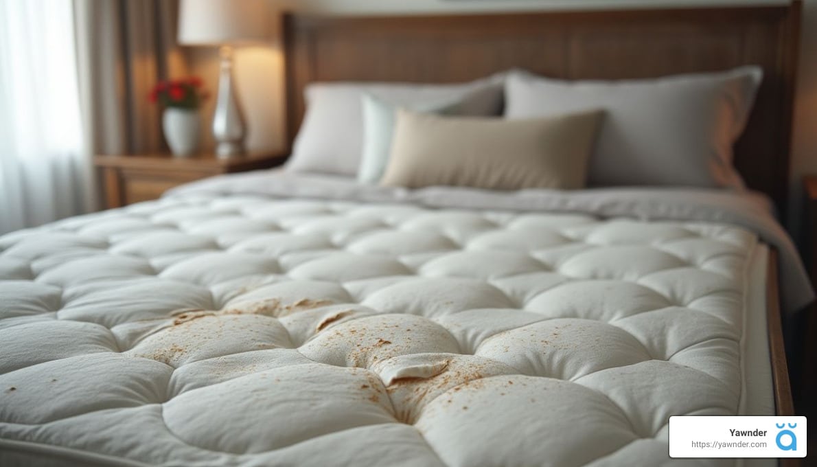 A close-up of a white, tufted mattress with noticeable brown stains on the surface. The bed is neatly made with gray pillows and a light-colored blanket. A bedside table with a lamp and a vase is partially visible in the background.