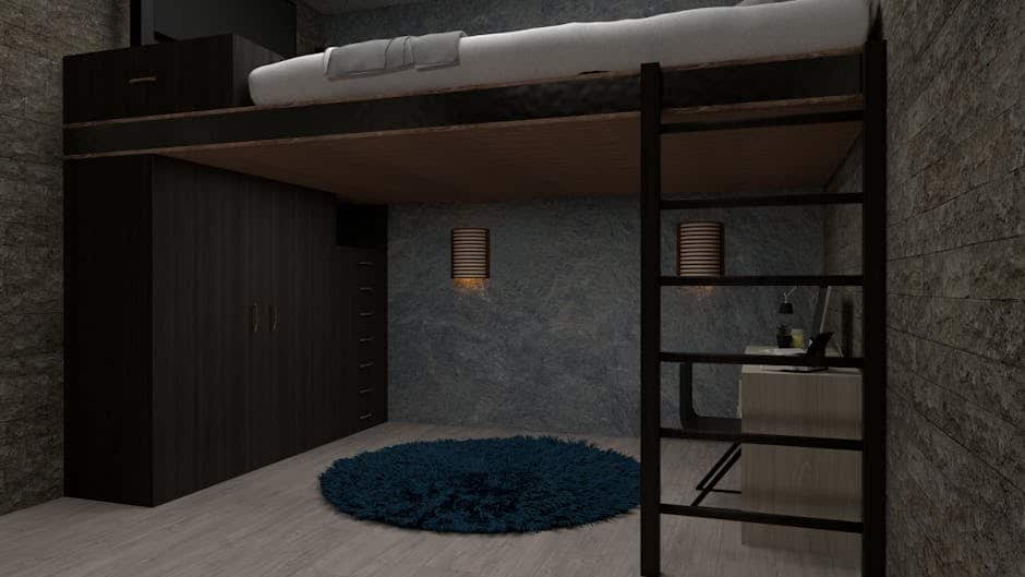 A minimalist bedroom with a loft bed, ladder, dark wood wardrobe, and a desk with a chair underneath. The walls appear textured, and a round blue rug is on the light wood floor. Two wall sconces provide soft lighting.