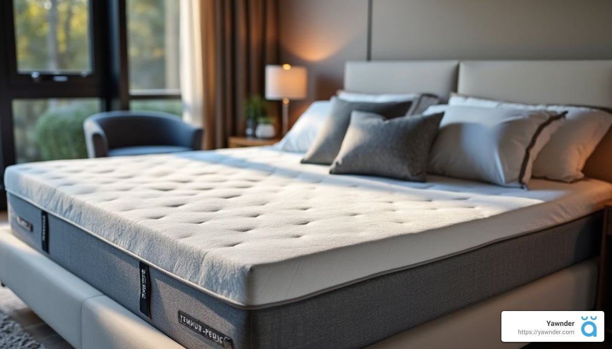A modern bedroom with a large bed featuring a plush, white mattress and several gray and white pillows. The room has soft lighting, a chair in the corner, and a window with beige curtains, creating a cozy atmosphere.