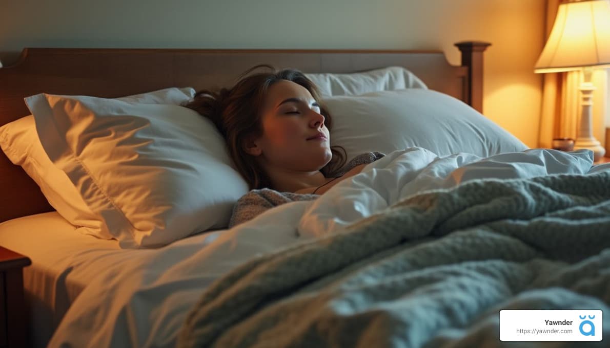 A person sleeps peacefully in a cozy bed with white sheets and a gray blanket, illuminated by the warm light of a bedside lamp.