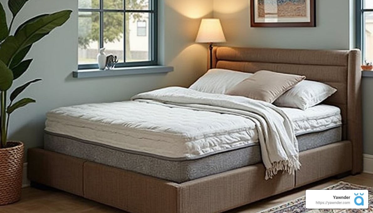 A cozy bedroom scene featuring a large bed with neutral-colored bedding and multiple pillows. A soft throw lies on the bed. A lamp on the bedside table casts warm light. A window provides natural light, and a plant adds a touch of greenery.