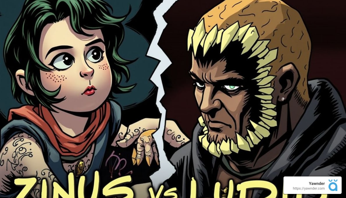 A cartoon depicting a face-off between two characters, Zinus and Luper. Zinus, with green hair and freckles, looks at Luper, who has a distinctive broad chin with scales. Their names are stylized at the bottom.