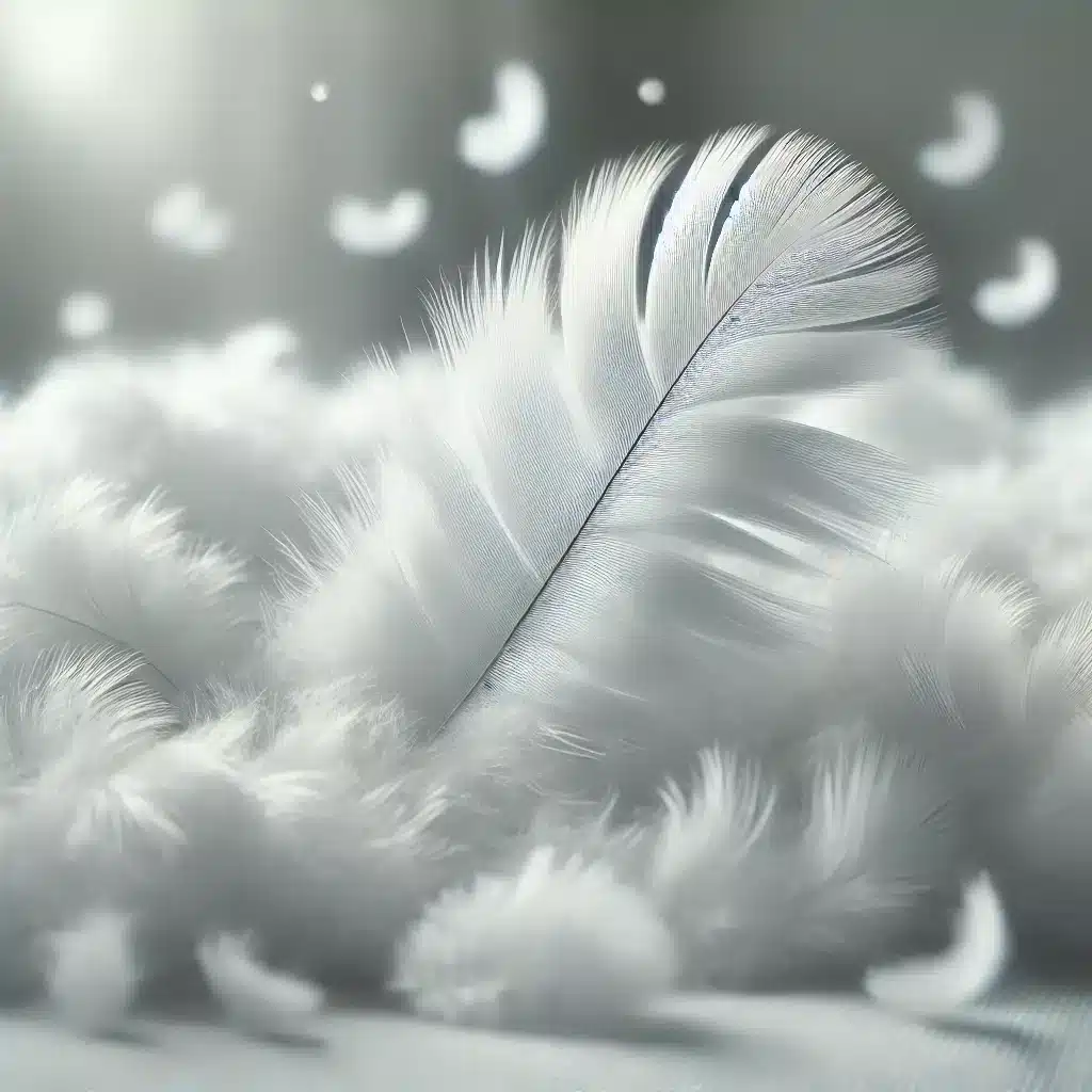 Close-up of pure white goose down feathers showing the fluffy delicate texture