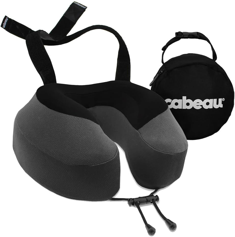 Cabeau travel pillow around neck in airplane seat