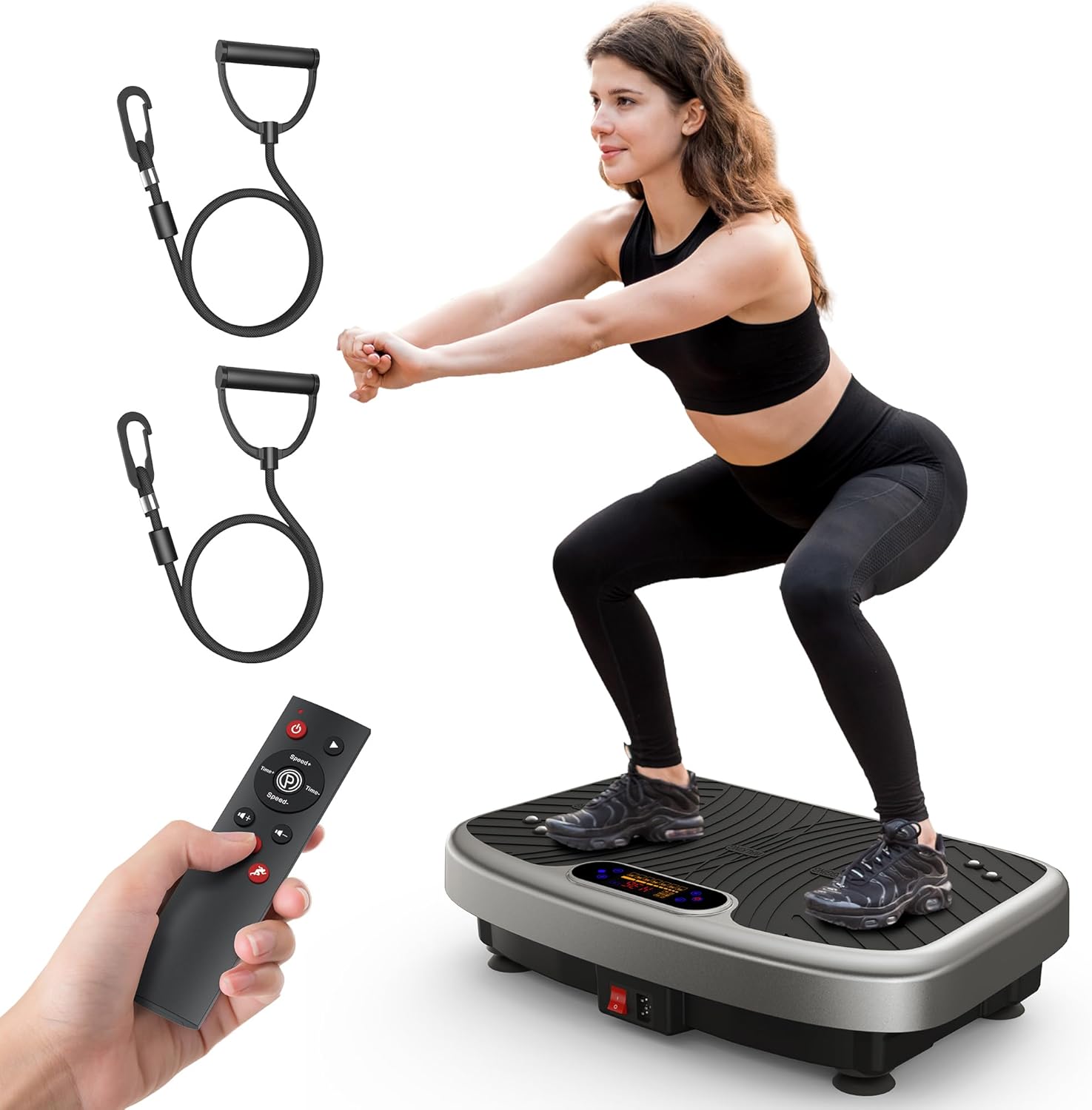 Vibration plate machine in home bedroom setting