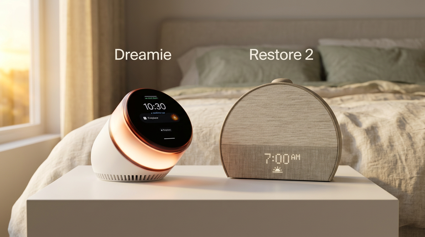 Hello Ambient Dreamie next to Hatch Restore 2 in a modern bedroom