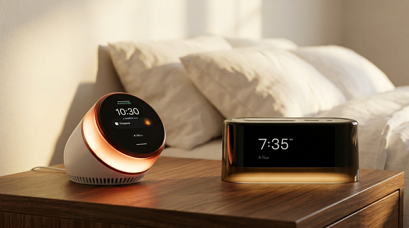 Hello Ambient Dreamie next to Loftie Clock on a walnut nightstand