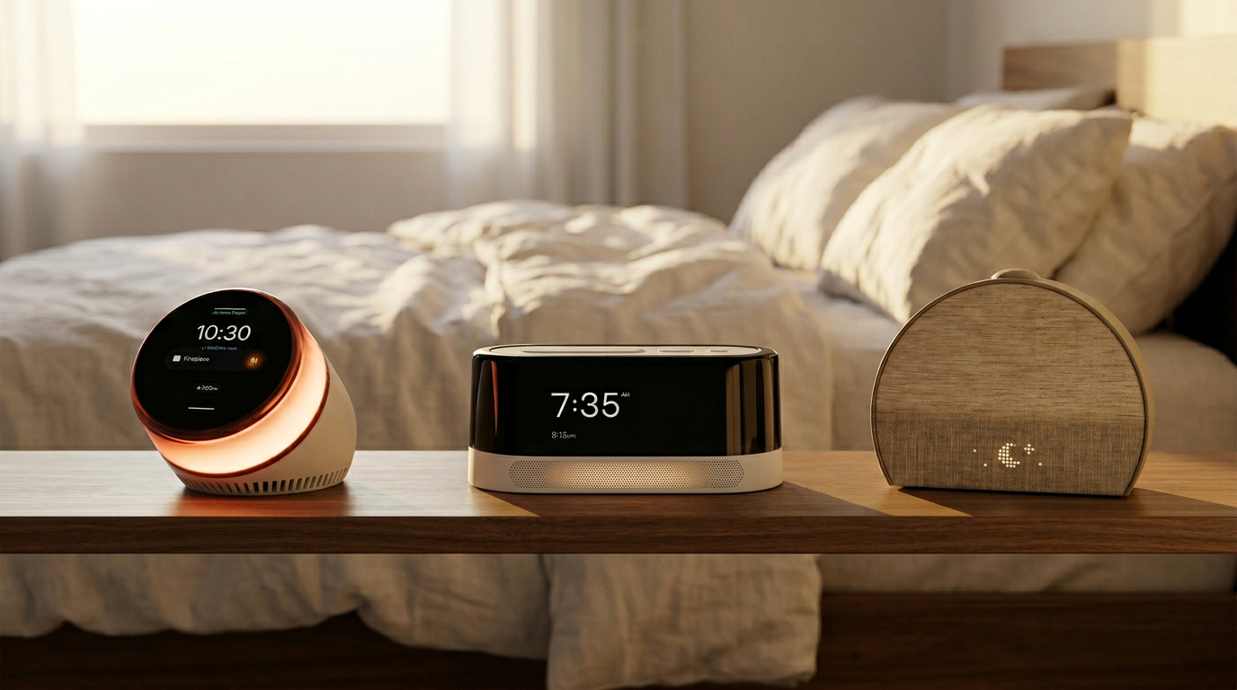 Dreamie, Loftie, and Hatch Restore 2 lined up on a walnut bedroom shelf