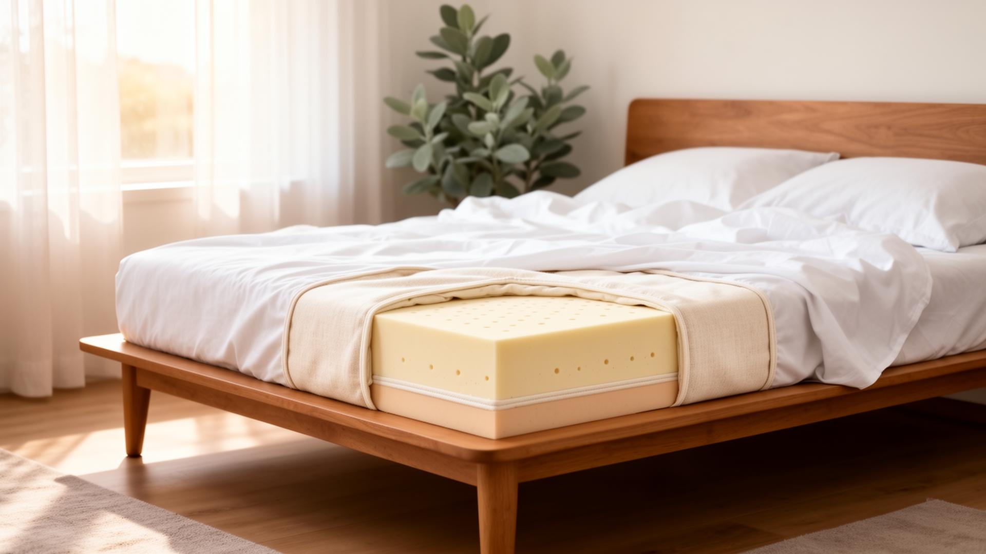 Latex For Less organic latex mattress on wooden bed frame in bright bedroom