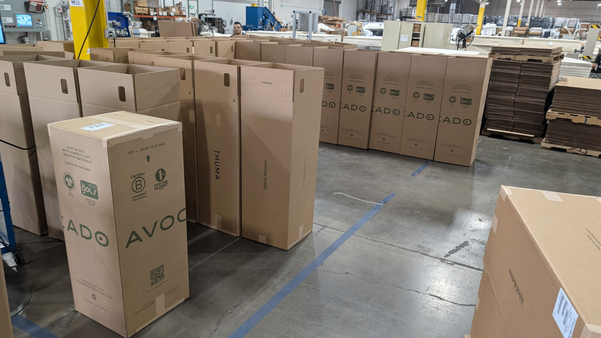 Avocado Grand Luxe mattresses boxed at the Los Angeles factory