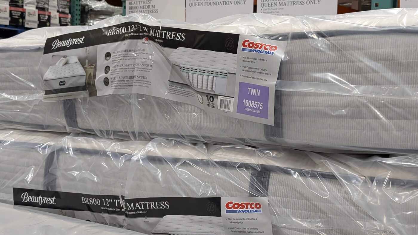 Beautyrest BR800 12-inch twin medium mattress wrapped in plastic at Costco with the official Costco BR800 hangtag