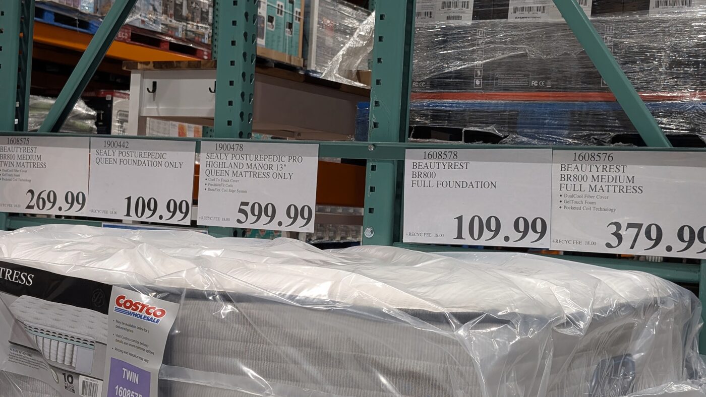 Costco mattress price tags Memorial Day 2026: Beautyrest BR800 twin $269.99, Sealy Posturepedic queen foundation $109.99, Sealy Posturepedic Pro Highland Manor 13