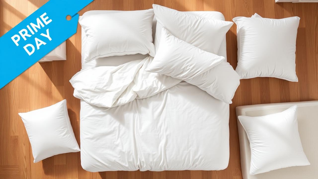 Amazon Prime Day 2026 bedding deals: white comforter, pillows, sheets, and mattress topper flat lay