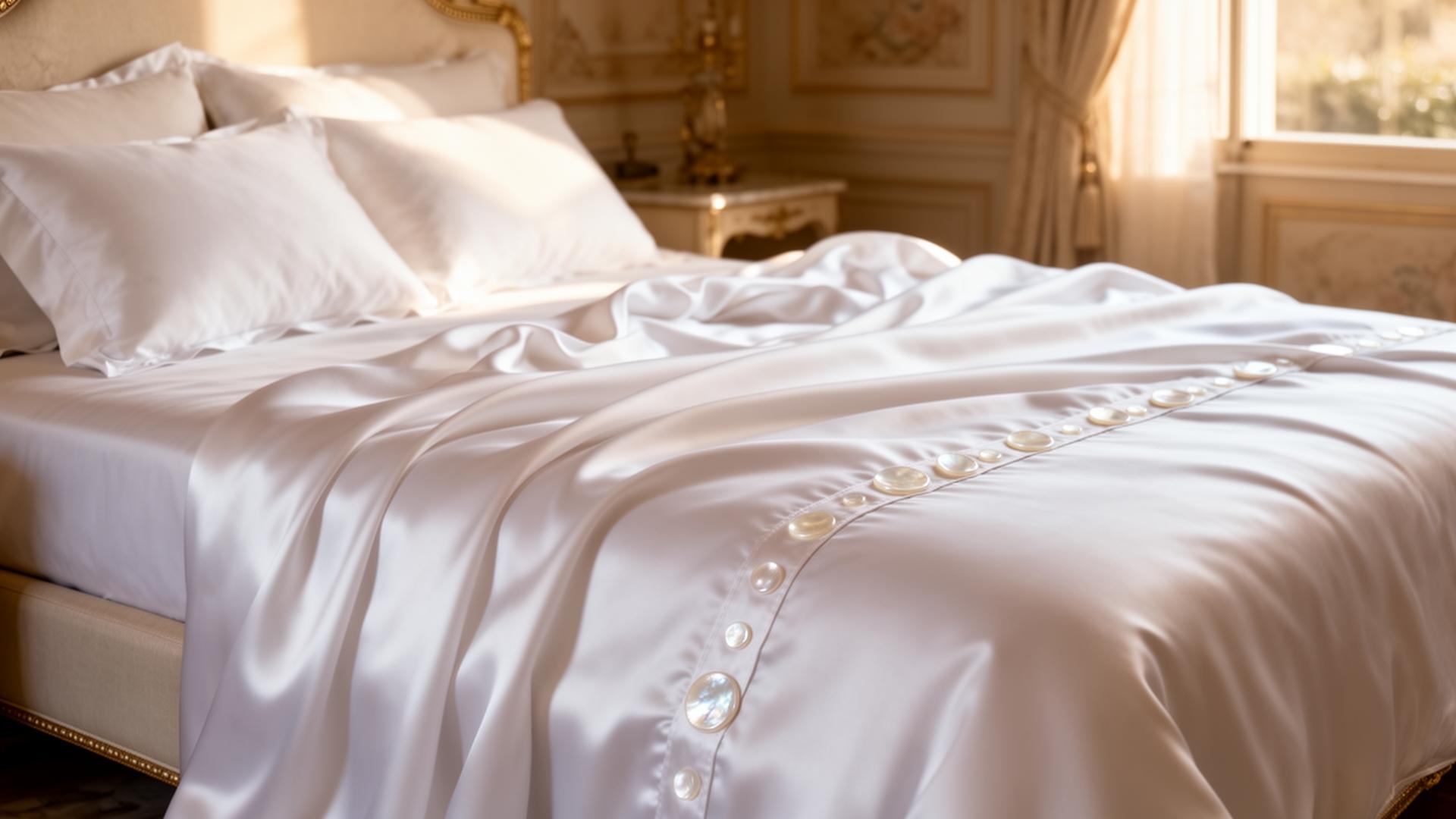 Luxury silk and cashmere bed sheets with mother-of-pearl button detail in an Italian villa bedroom