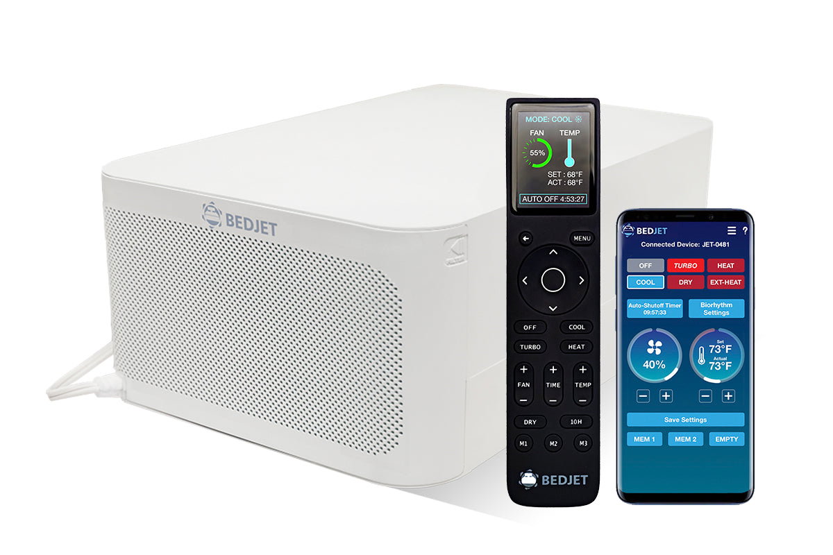 BedJet 3 climate comfort system air unit beside a bed