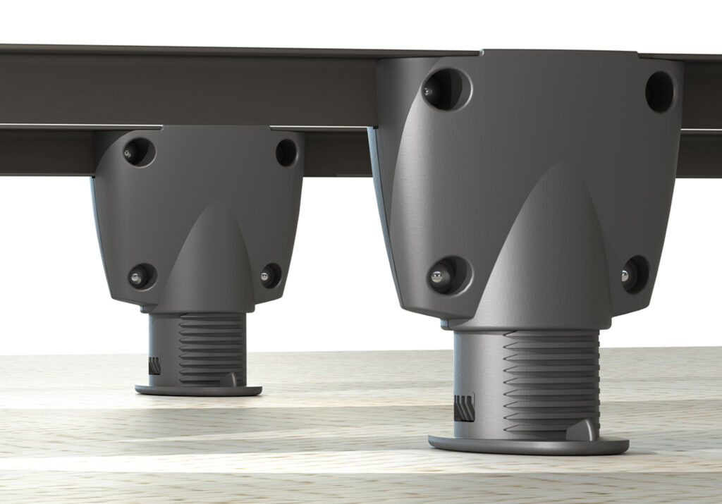 Close-up of Knickerbocker Embrace 360 platform bed legs and structural rail