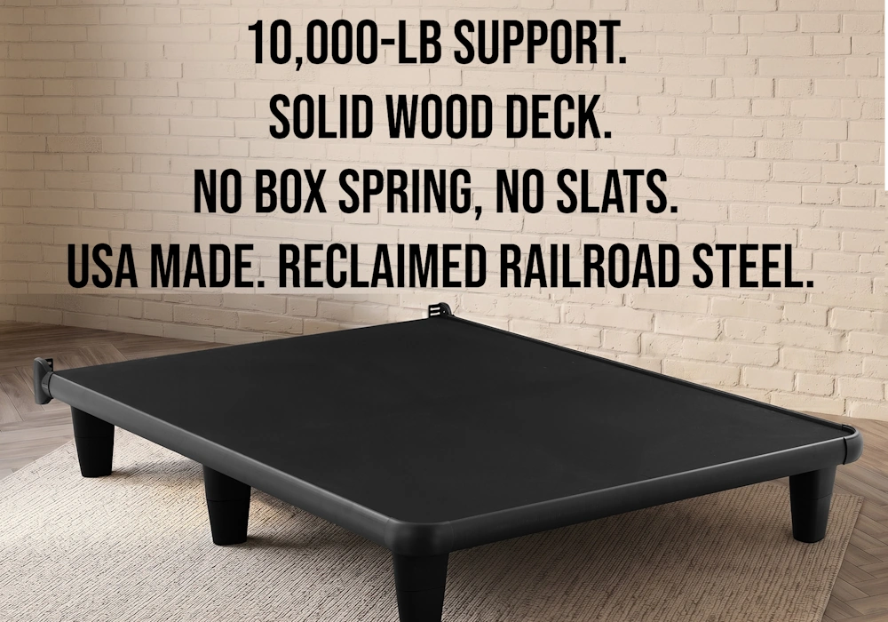 Knickerbocker Embrace 360 platform bed strength specs: 10,000 lb, solid wood deck, reclaimed railroad steel
