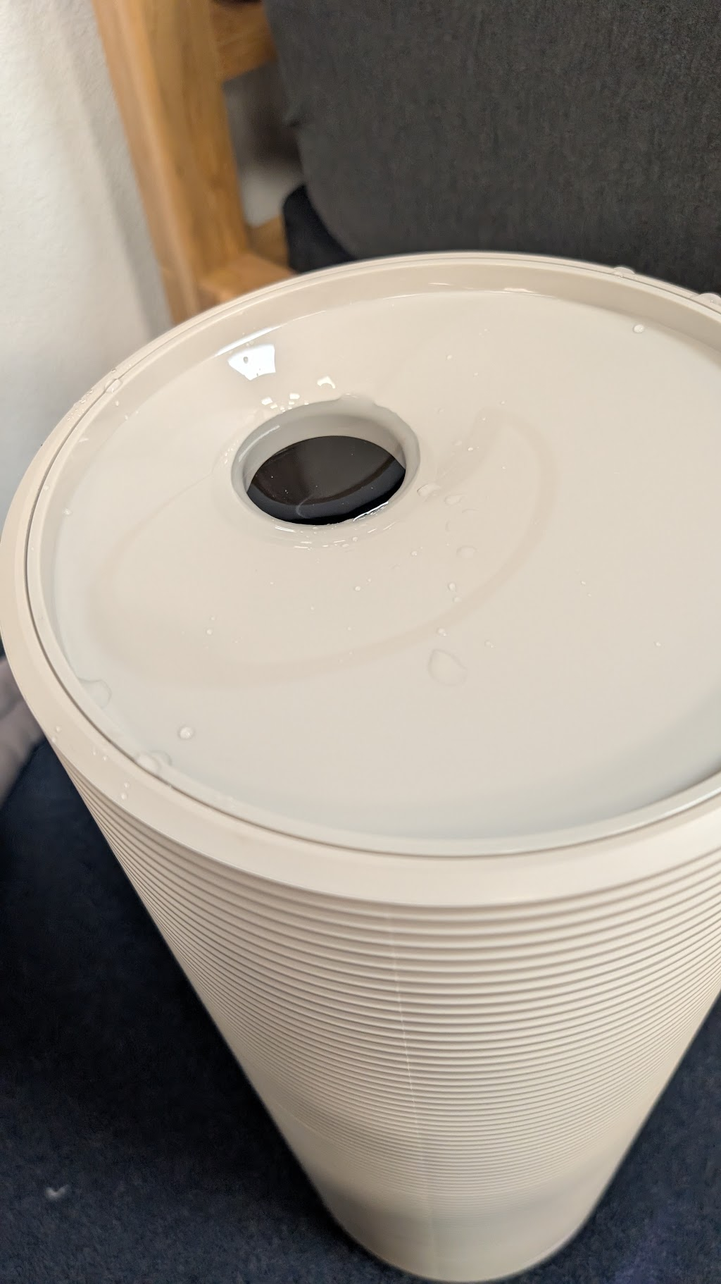 Top of the Orion Sleep water reservoir showing the fill port and condensation on the lid