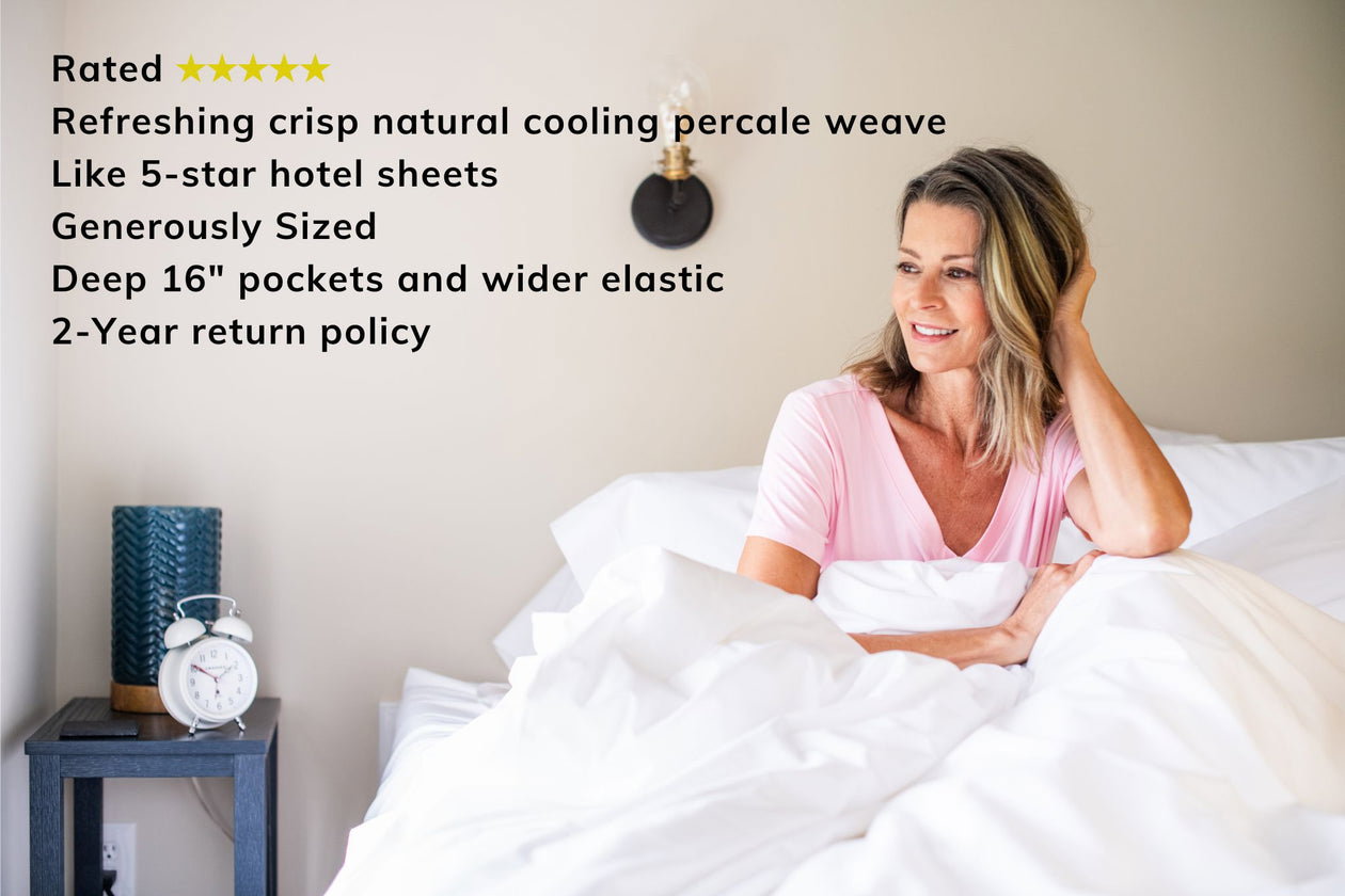 American Blossom Linens white percale sheet set on a bed