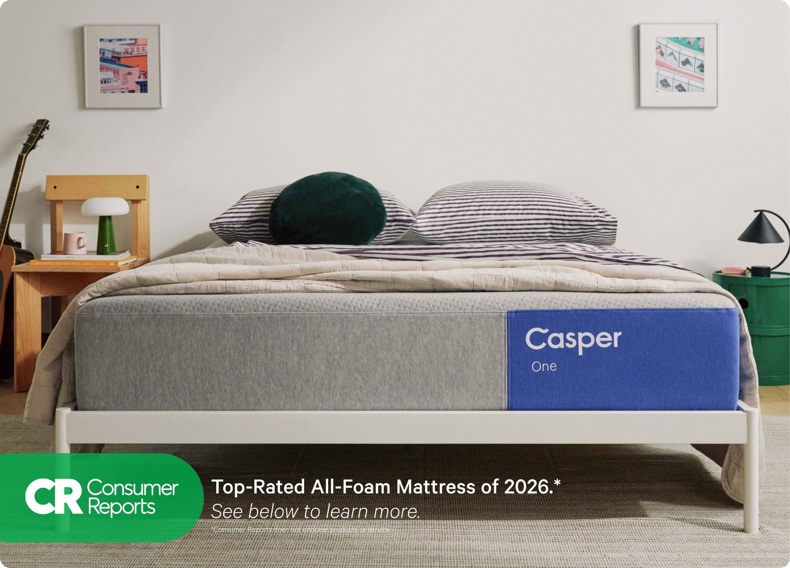 Casper mattress on a platform bed in a bright bedroom
